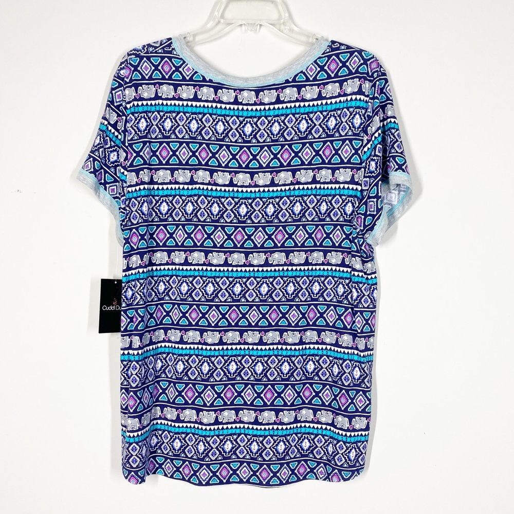 Cuddl Duds Knit Henley Short Sleeve Top - Navy Blue Print - Elephants - … - Picture 2 of 5